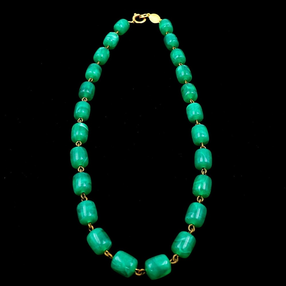 VTG Freirich Choker Necklace Green Barrel Bead Lucite‎ Signed Designer MCM Candy